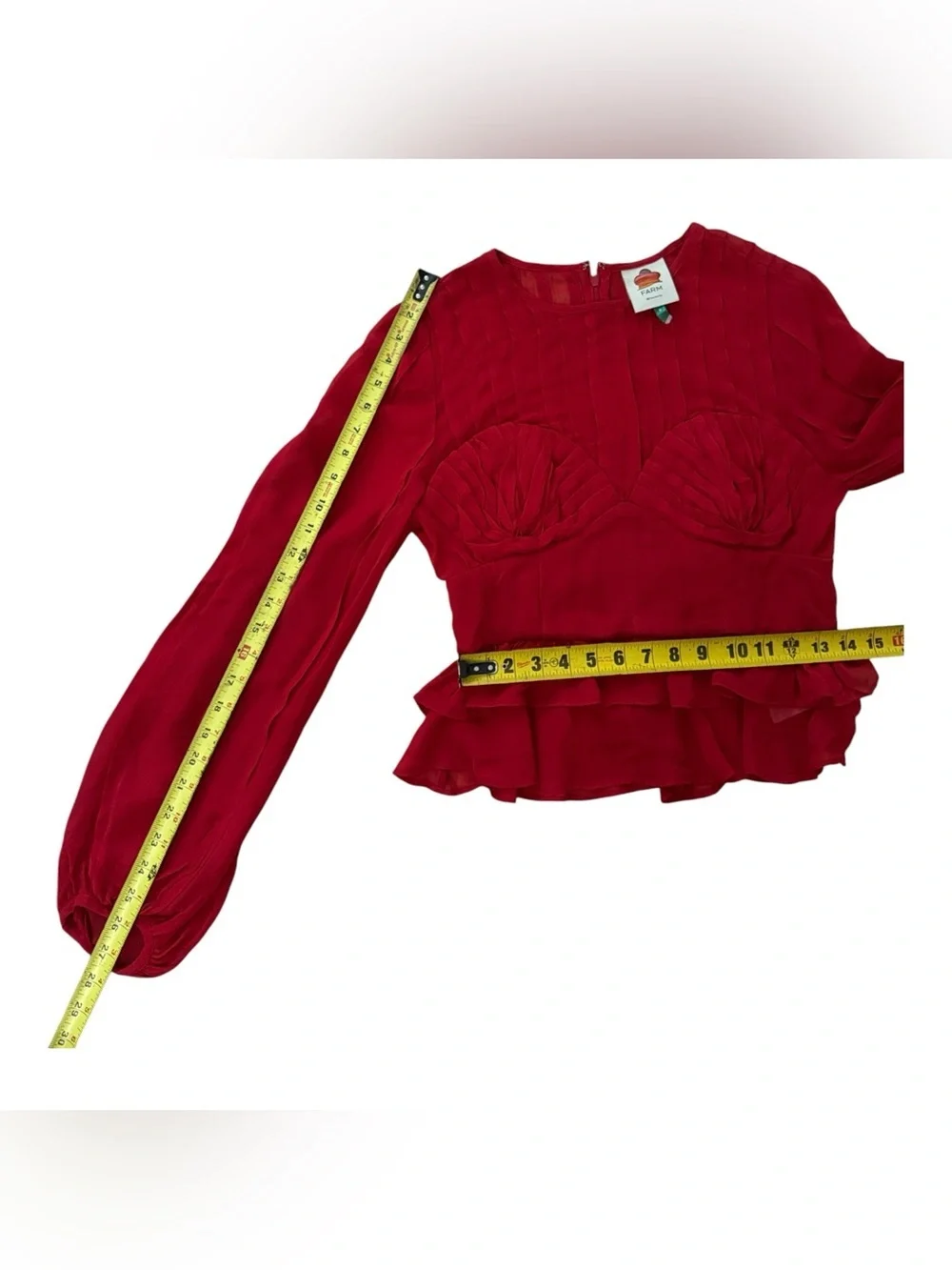 FARM Rio Red Ruffled Sheer Long-Sleeve Peplum Blouse Size Small